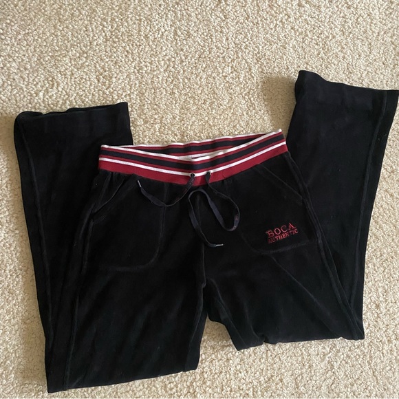 Black Velour Pants with Red Striped Waistband - Picture 1 of 3